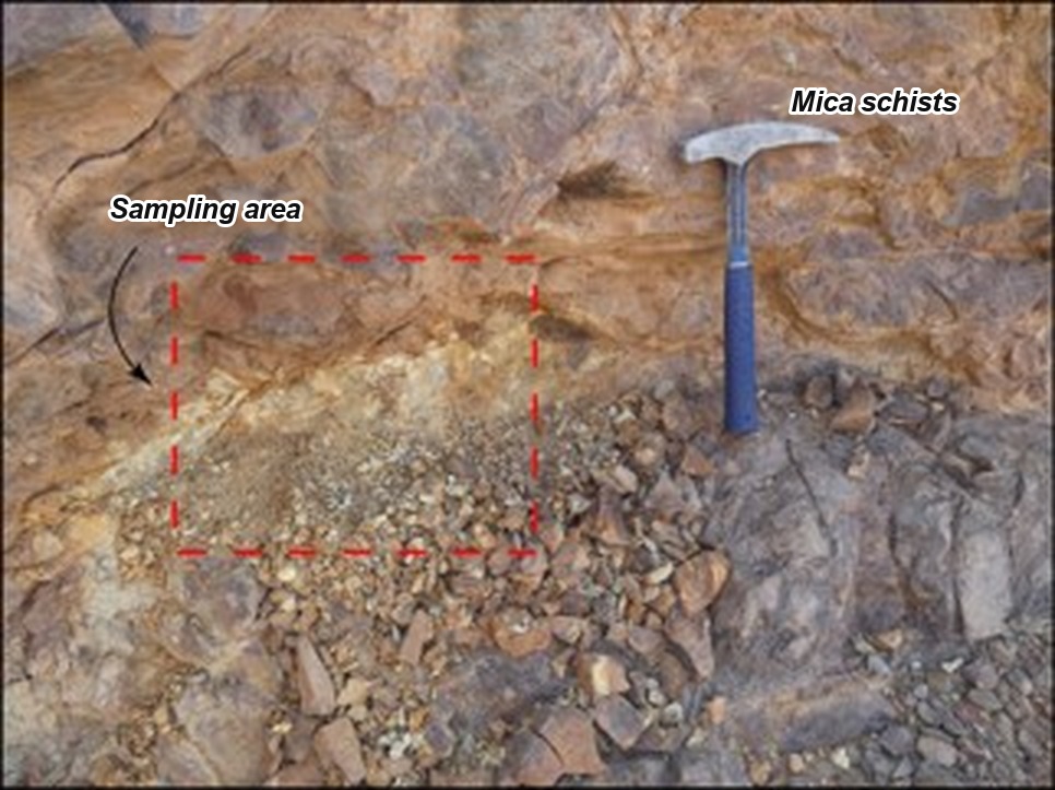 Annotated outcrop of mica schists with a delineated sampling area