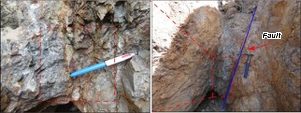 Annotated outcrop photographs showing structural observations and a fault