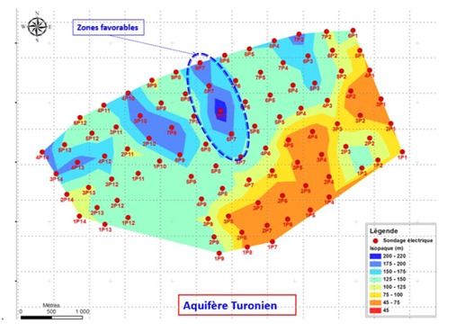 Geoelectrical resistivity map of an aquifer with favourable zones outlined
