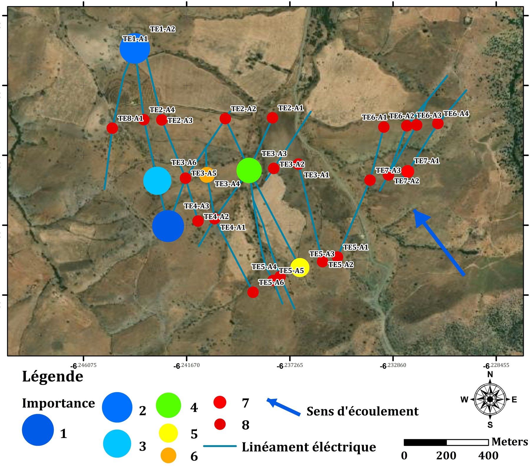 Integrated hydrogeological map showing electrical lineaments, prioritised targets and groundwater-flow direction